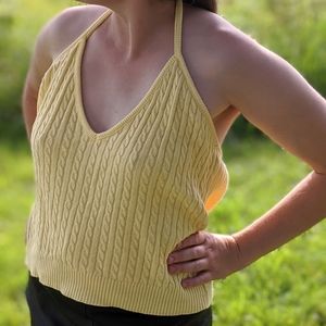 Vtg 90s preppy yellow cable sweater halter top L